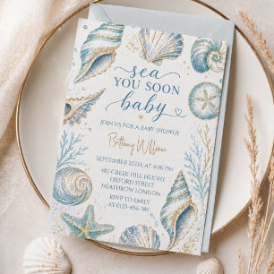 Sea You Soon Blue Seashells Baby Shower Invitation