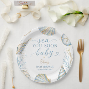 Sea You Soon Blue Seashells Baby Shower Paper Plate