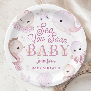 Sea You Soon Girl Baby Shower Pink Ocean Paper Plate