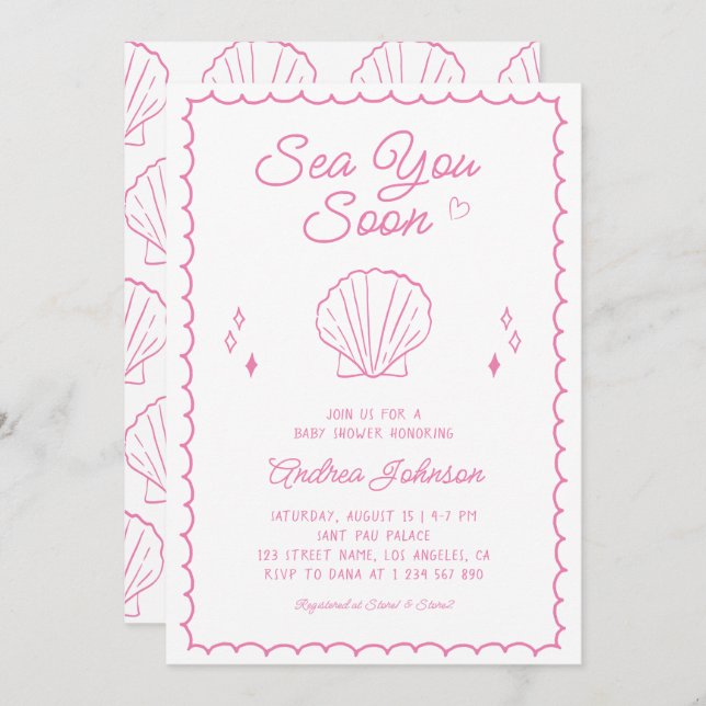 Sea You Soon Hand Drawn Ocean Seashell Baby Shower Invitation (Front/Back)