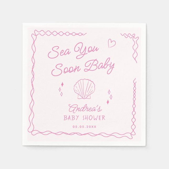Sea You Soon Hand Drawn Ocean Seashell Baby Shower Napkin (Front)