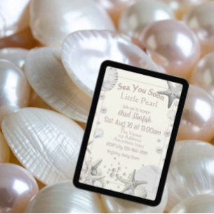 Sea You Soon Little Pearl Neutral Tone Baby Shower Invitation