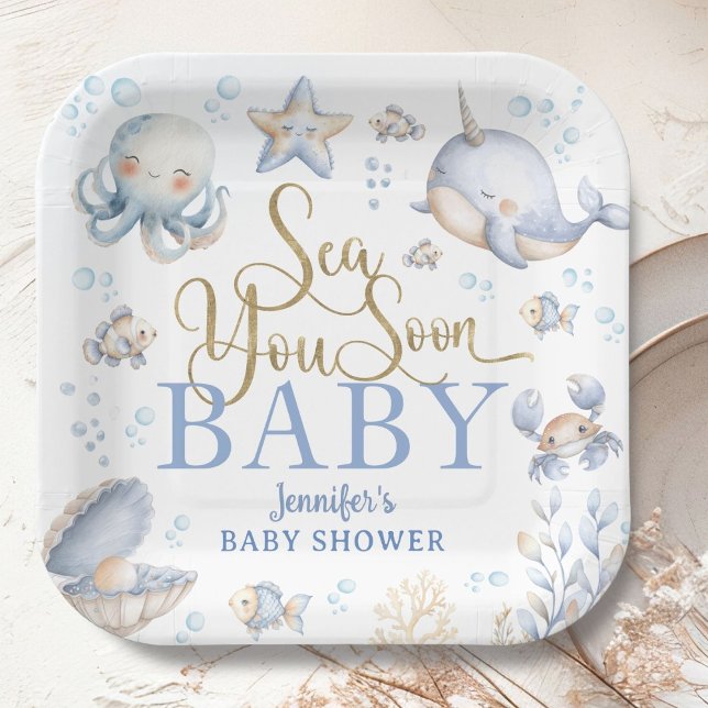 Sea You Soon Ocean Baby Shower Boy Blue  Paper Plate (Creator Uploaded)