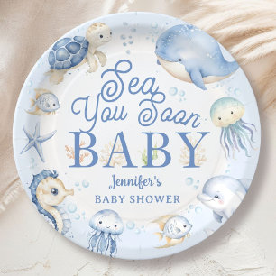 Sea You Soon Ocean Baby Shower Boy Blue  Paper Plate