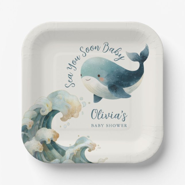 Sea You Soon Ocean Whale Teal Ivory Baby Shower Paper Plate (Front)