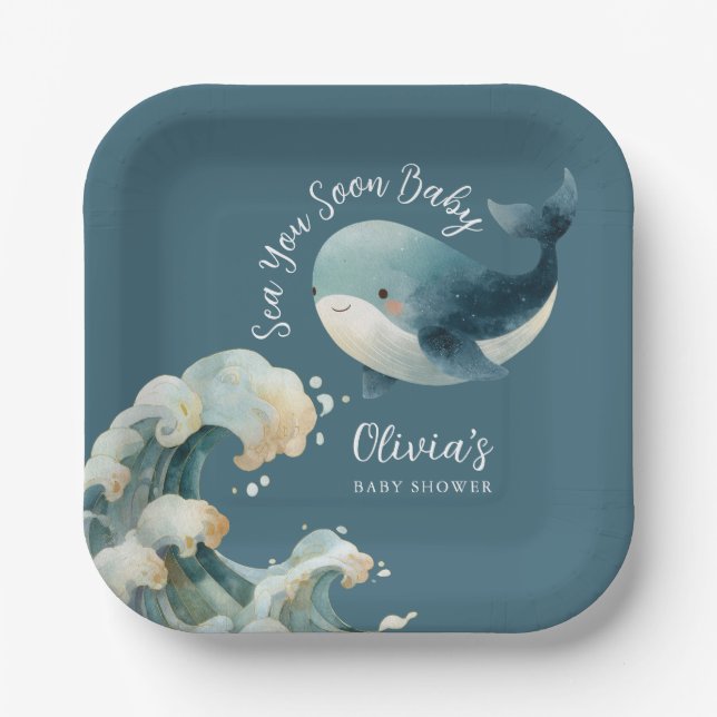 Sea You Soon Ocean Whale Turquoise Baby Shower Paper Plate (Front)