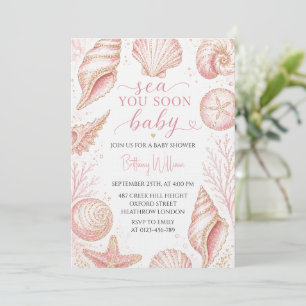 Sea You Soon Pink Seashells Baby Shower Invitation