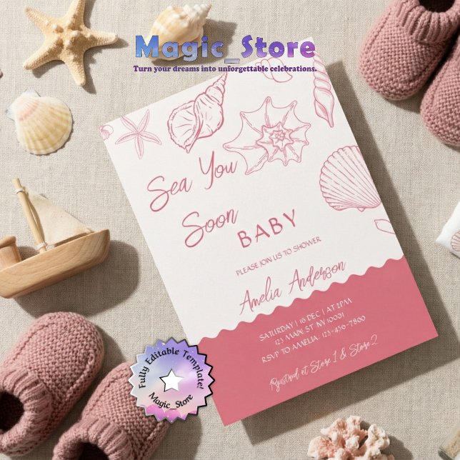 Sea You Soon Pink Seashells Coastal Baby Shower Invitation (Creator Uploaded)