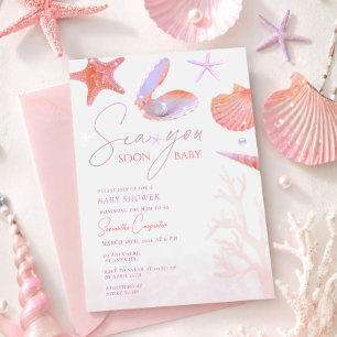 Sea you soon purple coral aesthetic baby shower invitation