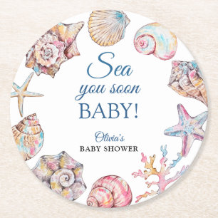 Sea You Soon Seashell Baby Shower Round Paper Coaster