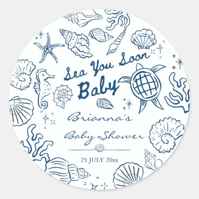 Sea you soon seashells beach boy baby shower classic round sticker (Front)