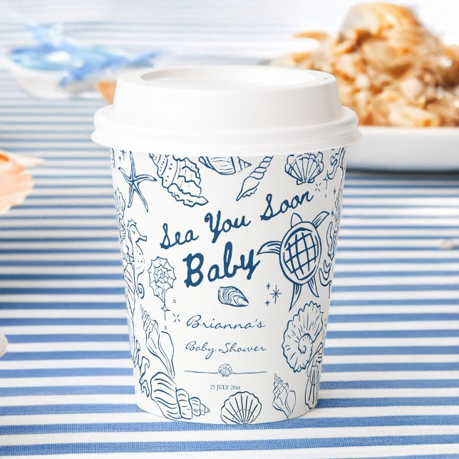 Sea you soon seashells beach boy baby shower paper cups (Sea you soon seashells beach boy baby shower personalized paper cups hand drawn seashells coffee cup)