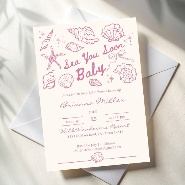 Sea you soon seashells beach girls baby shower invitation (Sea you soon pink seashells beach girls baby shower invitation cards template hand drawn seaside)