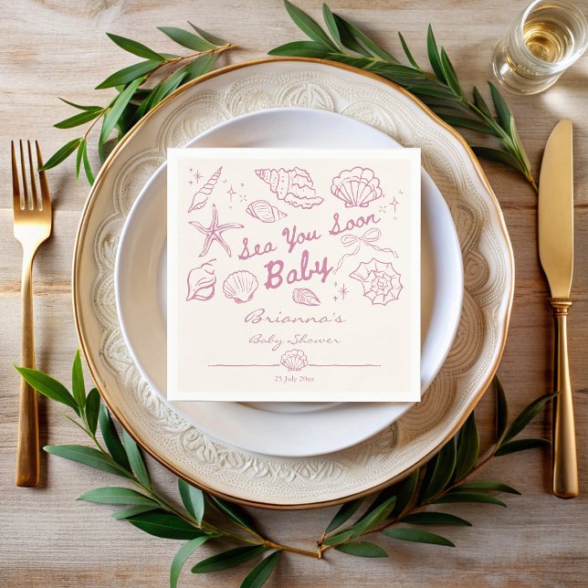 Sea you soon seashells beach girls baby shower napkin (Sea you soon pink seashells beach seaside girls baby shower personalized napkins)