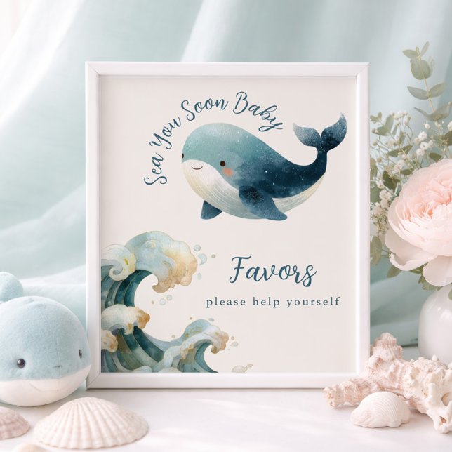 Sea You Soon Whale Ivory Baby Shower Favors Sign (Creator Uploaded)