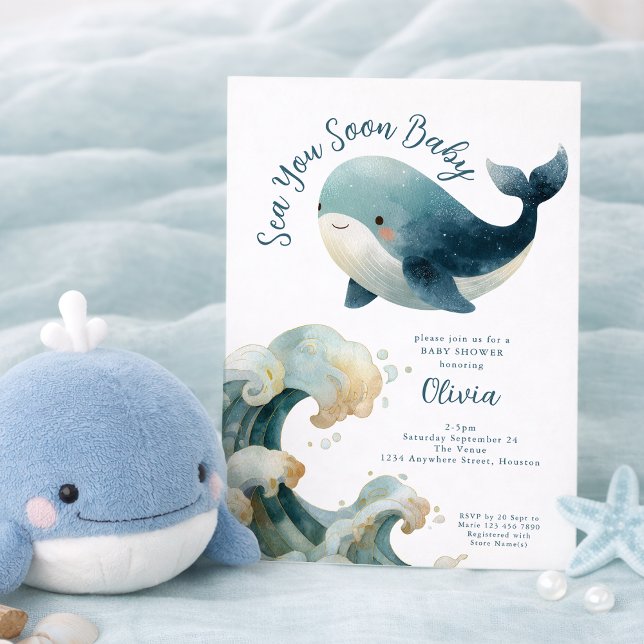 Sea You Soon Whale Ocean White Baby Shower Invitation (Creator Uploaded)