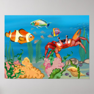 seabed with red crab, algae and fish, tropical sea poster