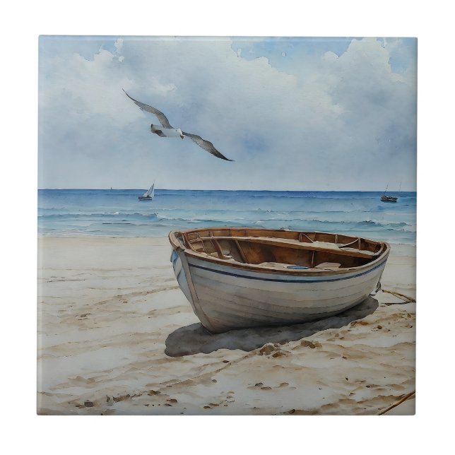 "Seabreeze Serenade". Colourful Serene Boat Scene Ceramic Tile (Front)