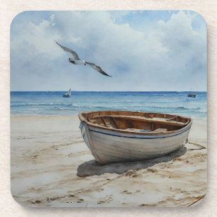 "Seabreeze Serenade". Colourful Serene Boat Scene Coaster