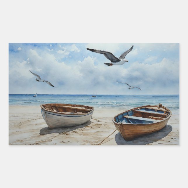 "Seabreeze Serenade". Colourful Serene Boat Scene Rectangular Sticker (Front)