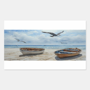 "Seabreeze Serenade". Colourful Serene Boat Scene Rectangular Sticker