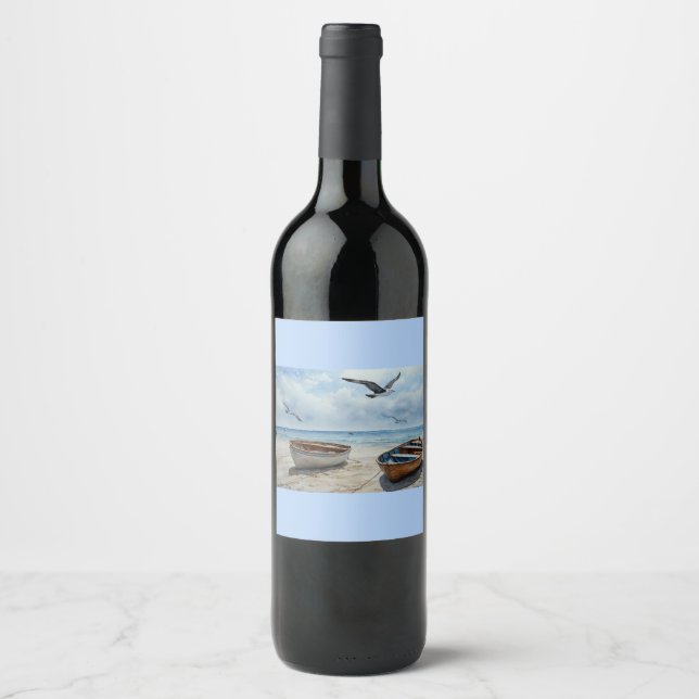 "Seabreeze Serenade". Colourful Serene Boat Scene Wine Label (Front)