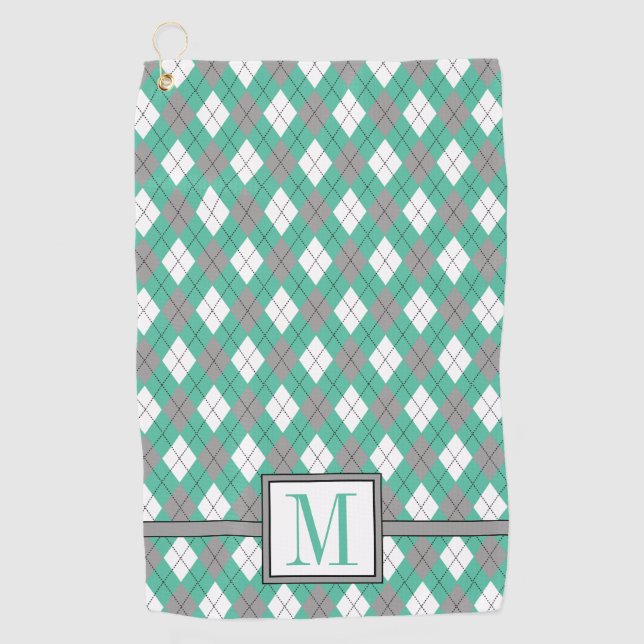 Seafoam | Ash Gray | White Argyle Pattern Monogram Golf Towel (Front)
