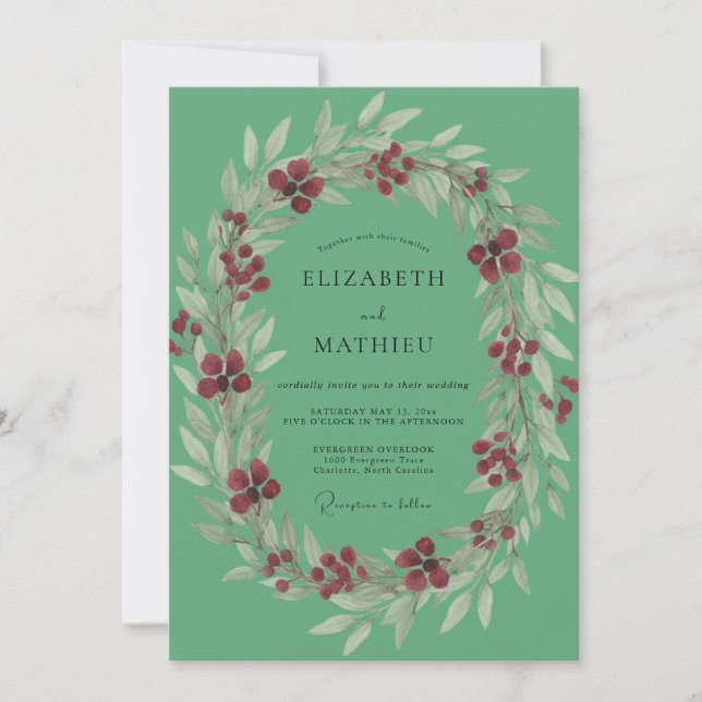 Seafoam Berry Leafy Wedding Invitation (Front)