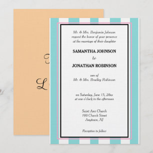 Seafoam Biue White Pink Sandy Beach Cabana Stripes Invitation