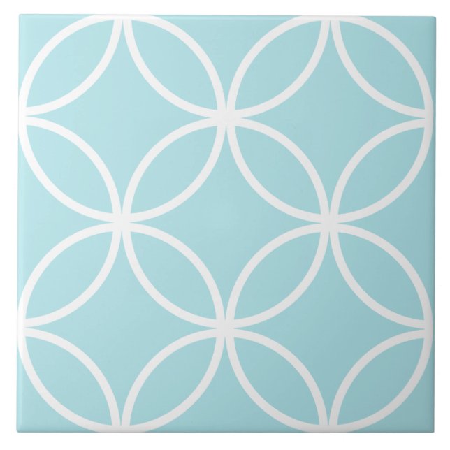 Seafoam blue and white repeat circle leaf pattern ceramic tile (Front)