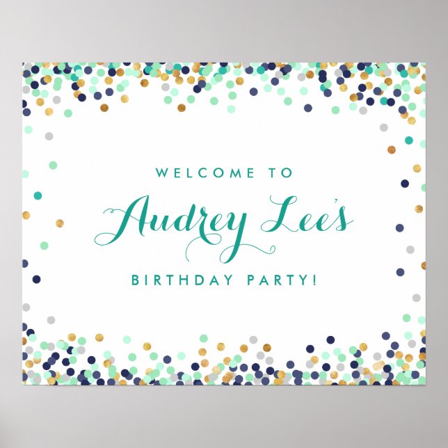 Seafoam blue green gold  Birthday Party Welcome Poster (Front)