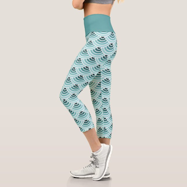 Seafoam Blue Green Wave Circles Art Pattern Capri Leggings (Left)