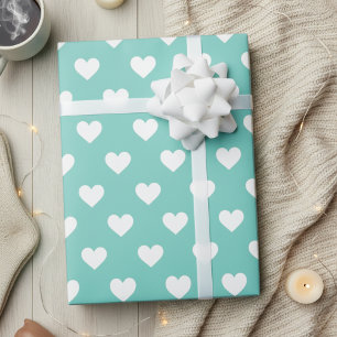 Seafoam Blue/Green With White Hearts Patterned Wrapping Paper