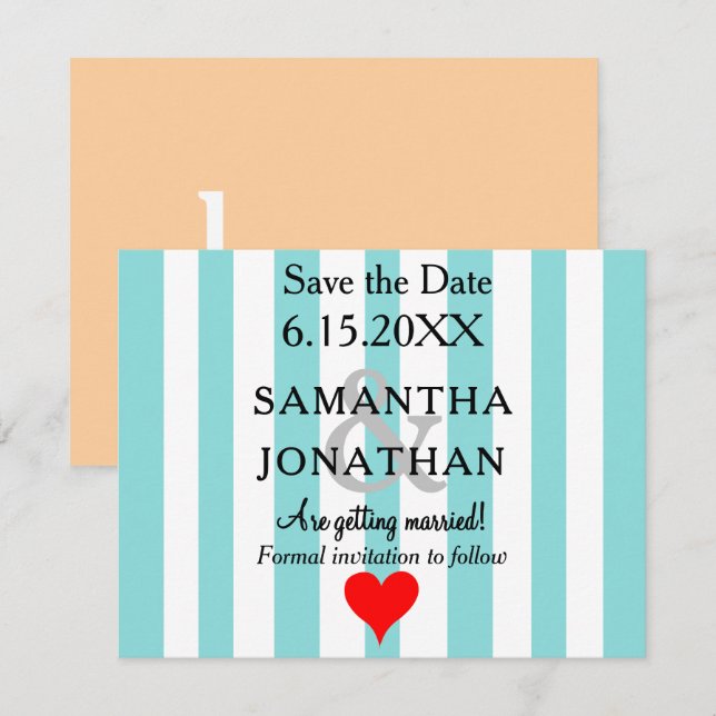 Seafoam Blue Sandy Beach Love Red Heart Wedding Save The Date (Front/Back)
