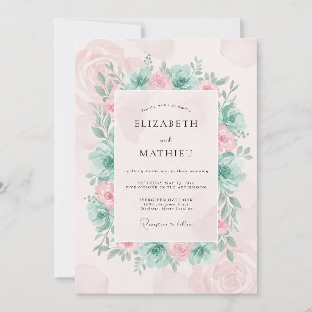 Seafoam Blush Succulent Eucalyptus Wedding Invitation (Front)