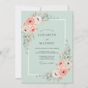 Seafoam Coral Peony Wedding Invitation