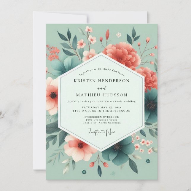 Seafoam Coral Vivid Flora Wedding Invitation (Front)