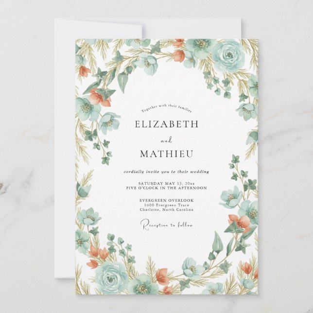 Seafoam Coral Wreath Wedding Invitation (Front)