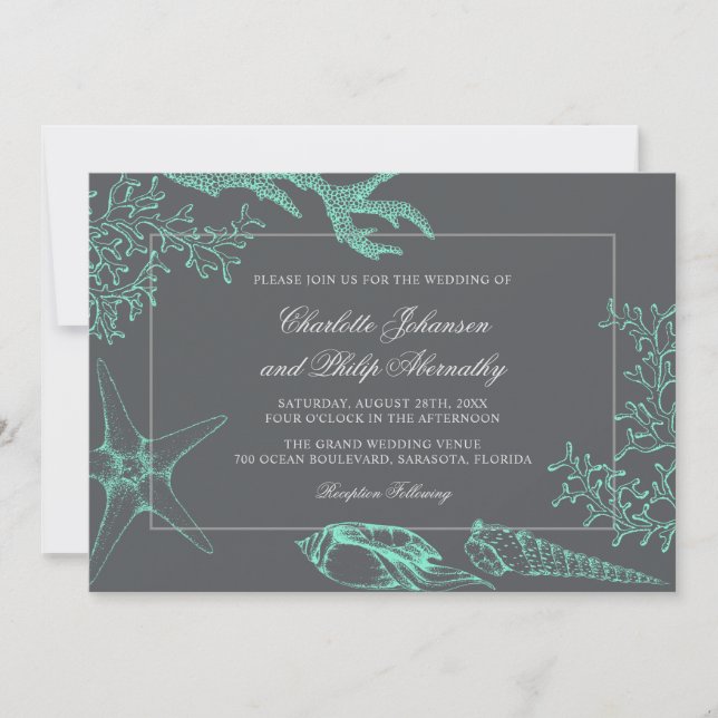 Seafoam Green and Grey Coastal Wedding Invitation (Front)