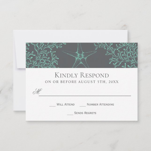 Seafoam Green and Grey Coastal Wedding RSVP Card (Front)