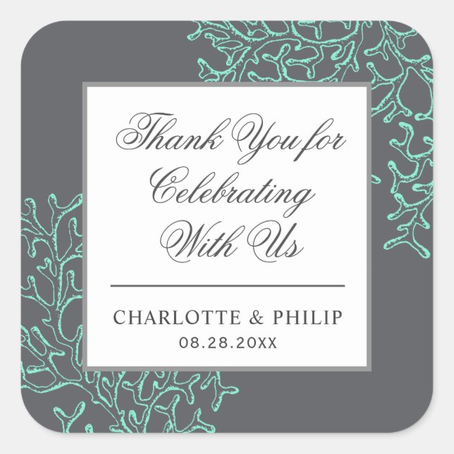 Seafoam Green and Grey Coastal Wedding Thank You Square Sticker (Front)