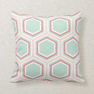Seafoam Green and Orange Hexagon Pattern Cushion
