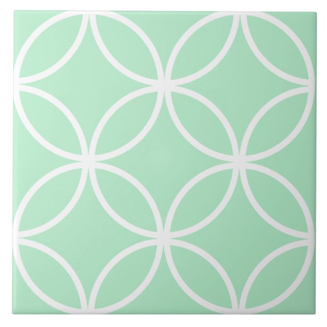 Seafoam green and white repeat circle leaf pattern ceramic tile (Front)