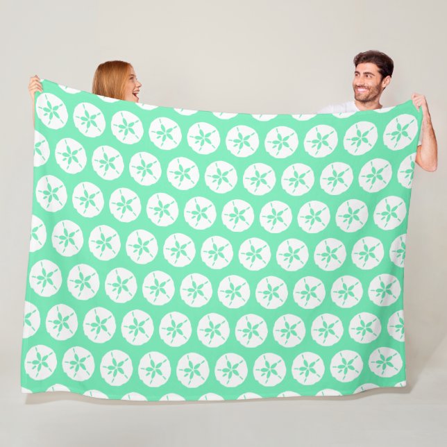 Seafoam Green and White Sand Dollar Seashell Beach Fleece Blanket (In Situ)