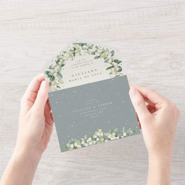 Seafoam Green/Cream Snowberry+Eucalyptus Wedding All In One Invitation (Opening)