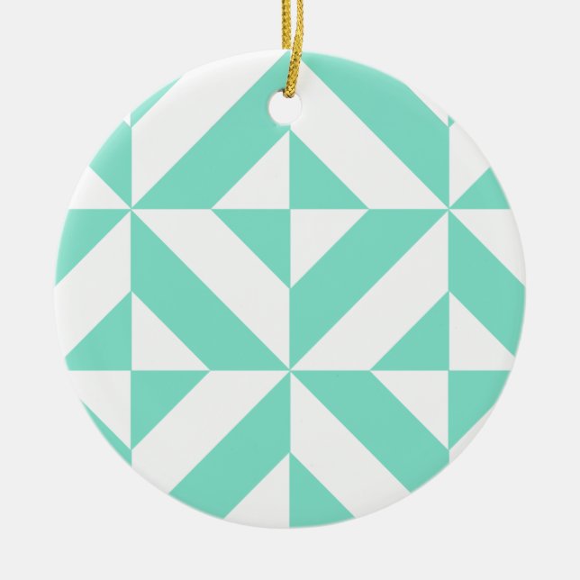 Seafoam Green Geometric Deco Cube Pattern Ceramic Ornament (Front)