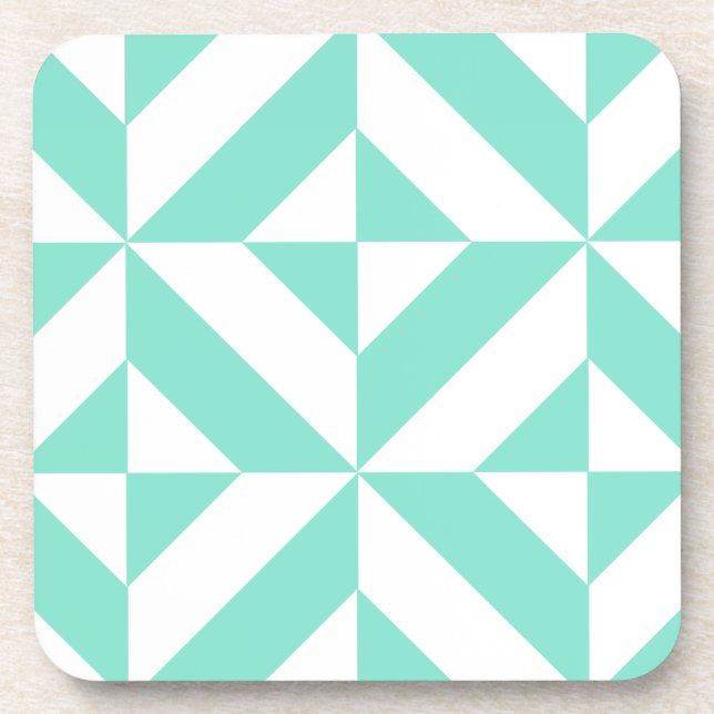 Seafoam Green Geometric Deco Cube Pattern Coaster (Front)