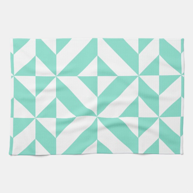 Seafoam Green Geometric Deco Cube Pattern Tea Towel (Horizontal)