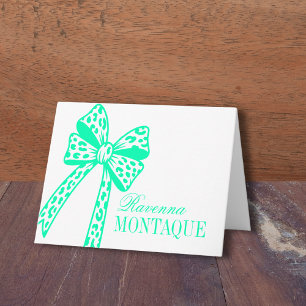 Seafoam Green Leopard Bow Handwritten Name Party Note Card