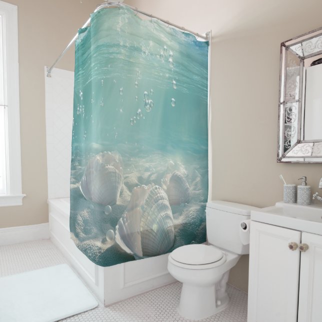 Seafoam Green Seashell Shower Curtain (In Situ)